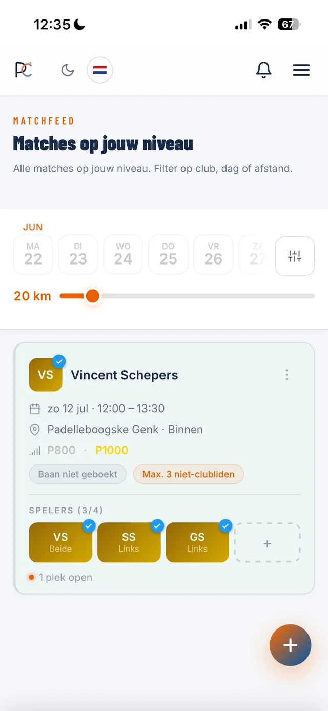 PadelConnects matchfeed in de app